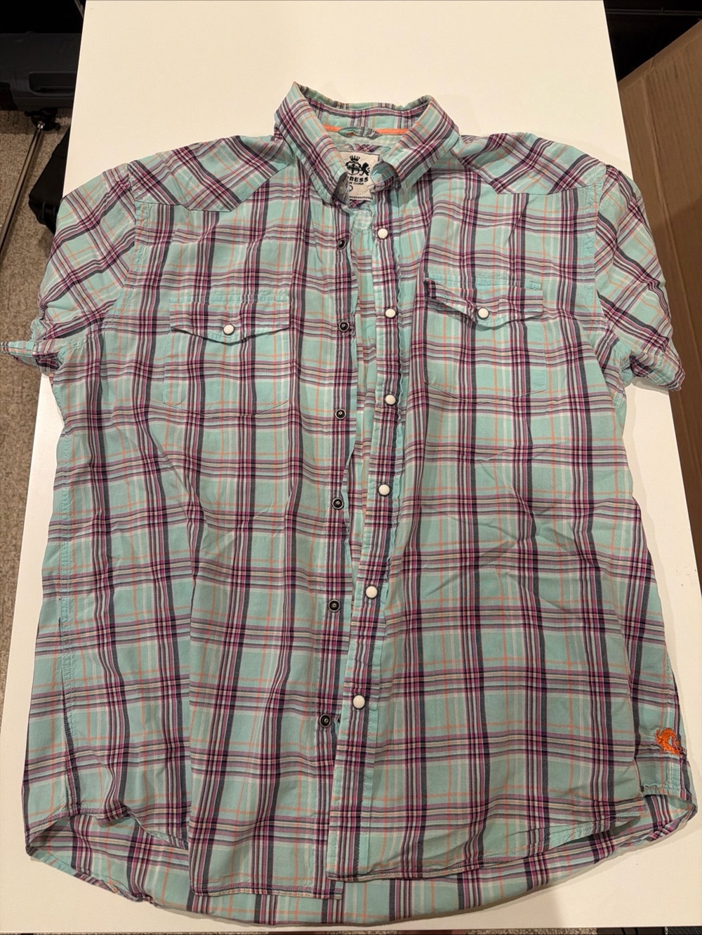 Express Men's Short-Sleeve Plaid Button-Down Shirt in Aqua and Purple